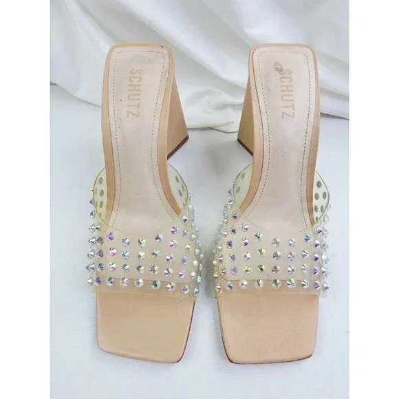 Schutz Size 10B Womens Lizah Crystal Slip On Studded Open Square Toe Heels - Picture 5 of 14